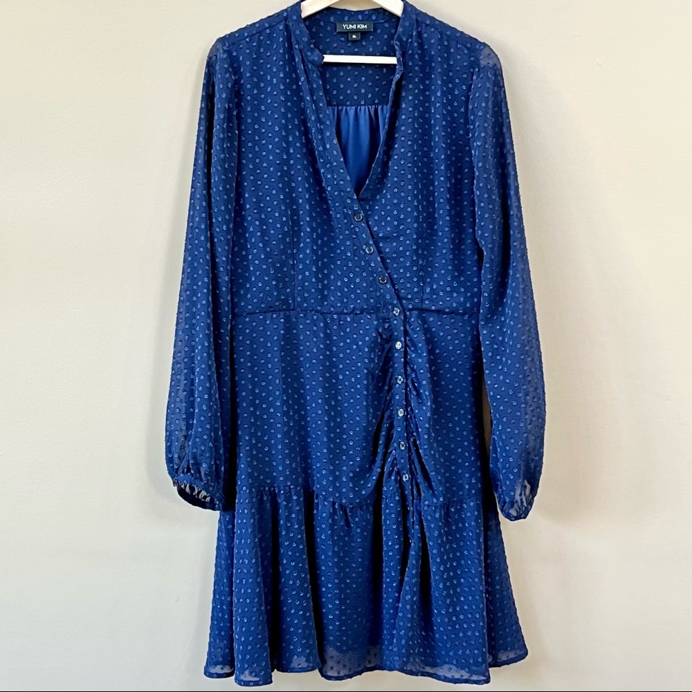 Anthropologie Yumi Kim Valencia Dropped Waist Swiss Dot Dress Navy Womens Sz XL